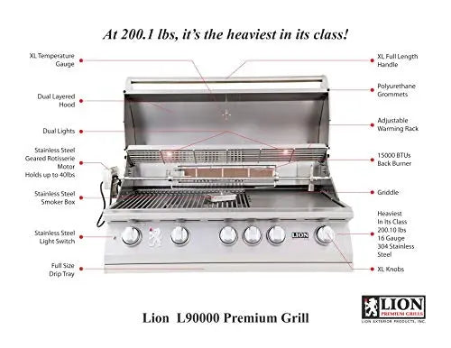 Lion Premium Grills 40 Inch L90000 Liquid Propane Grill with USA Made 30 Inch Stainless Steel Double Door and Free Gourmet Package Lion Premium Grills