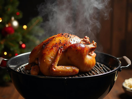 Perfectly golden-brown whole turkey being cooked on a Weber kettle grill with visible smoke, charcoal arrangement visible, professional food photography with holiday setting