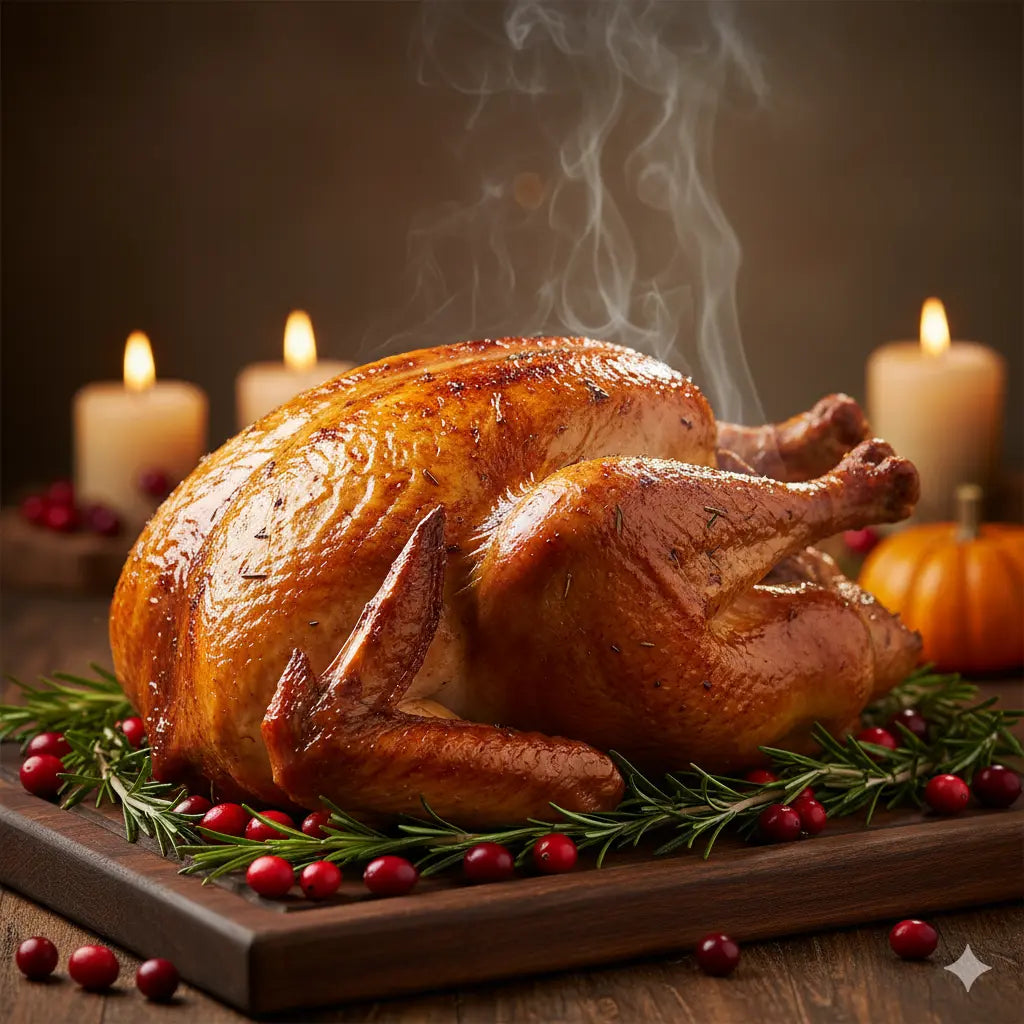 A perfectly smoked whole turkey with mahogany-colored skin on a carving board, with smoke wisps, Thanksgiving setting, professional food photography style