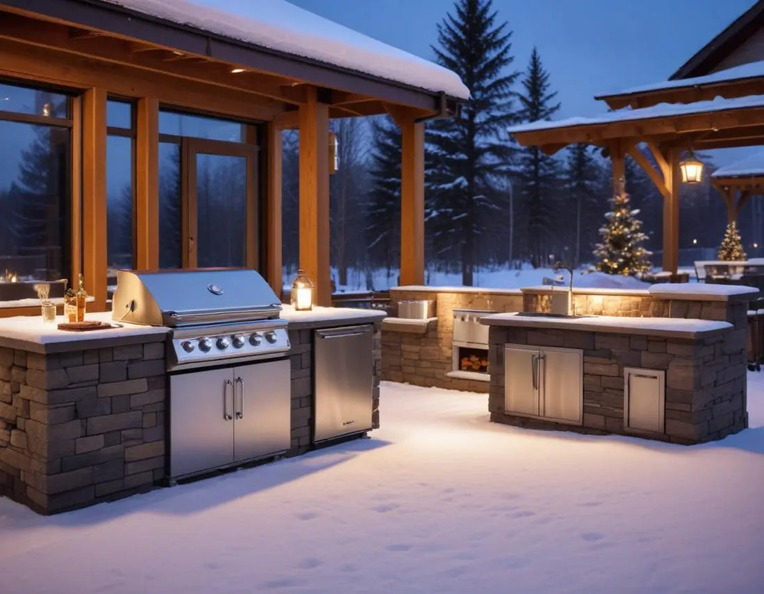 Modern outdoor kitchen with premium stainless steel grill and elegant patio heater providing warmth on a winter evening, snow visible in background, cozy grilling atmosphere