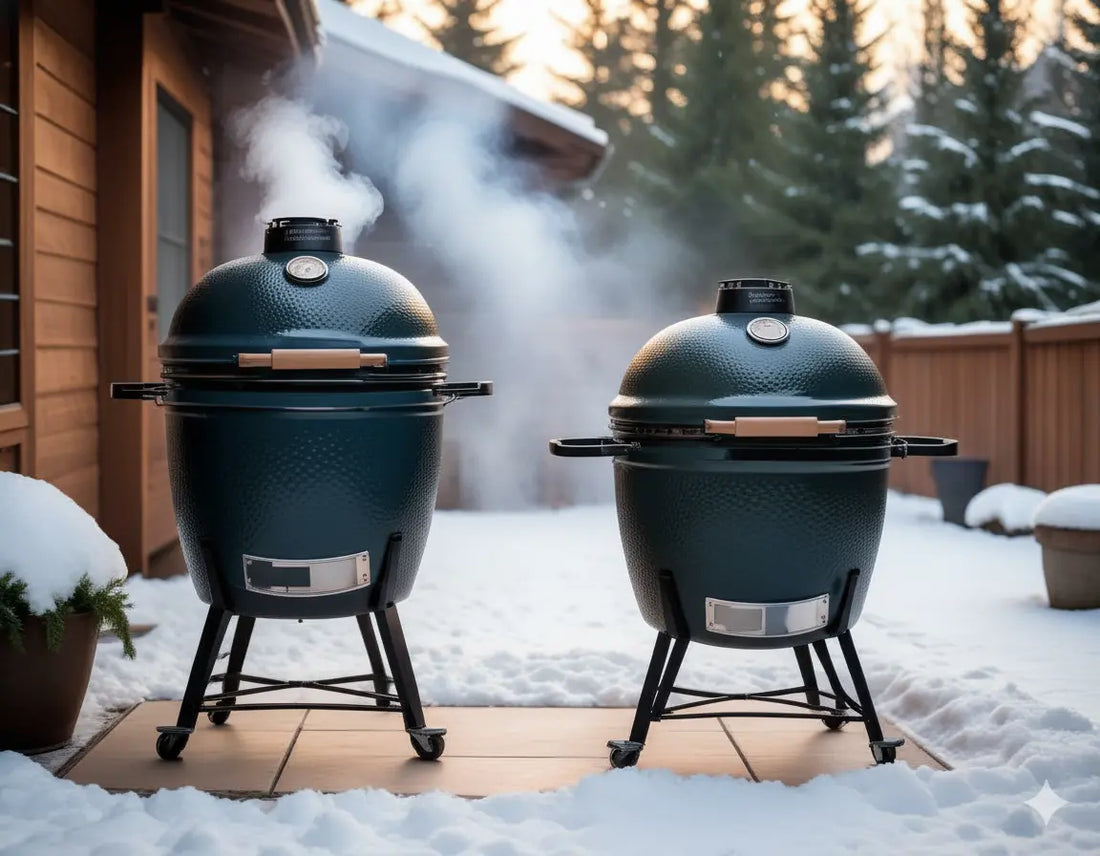 Side-by-side comparison of a ceramic kamado grill and a pellet smoker in a snowy backyard setting with smoke rising from both, warm lighting, professional photography style