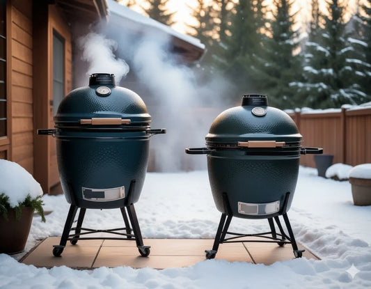 Side-by-side comparison of a ceramic kamado grill and a pellet smoker in a snowy backyard setting with smoke rising from both, warm lighting, professional photography style