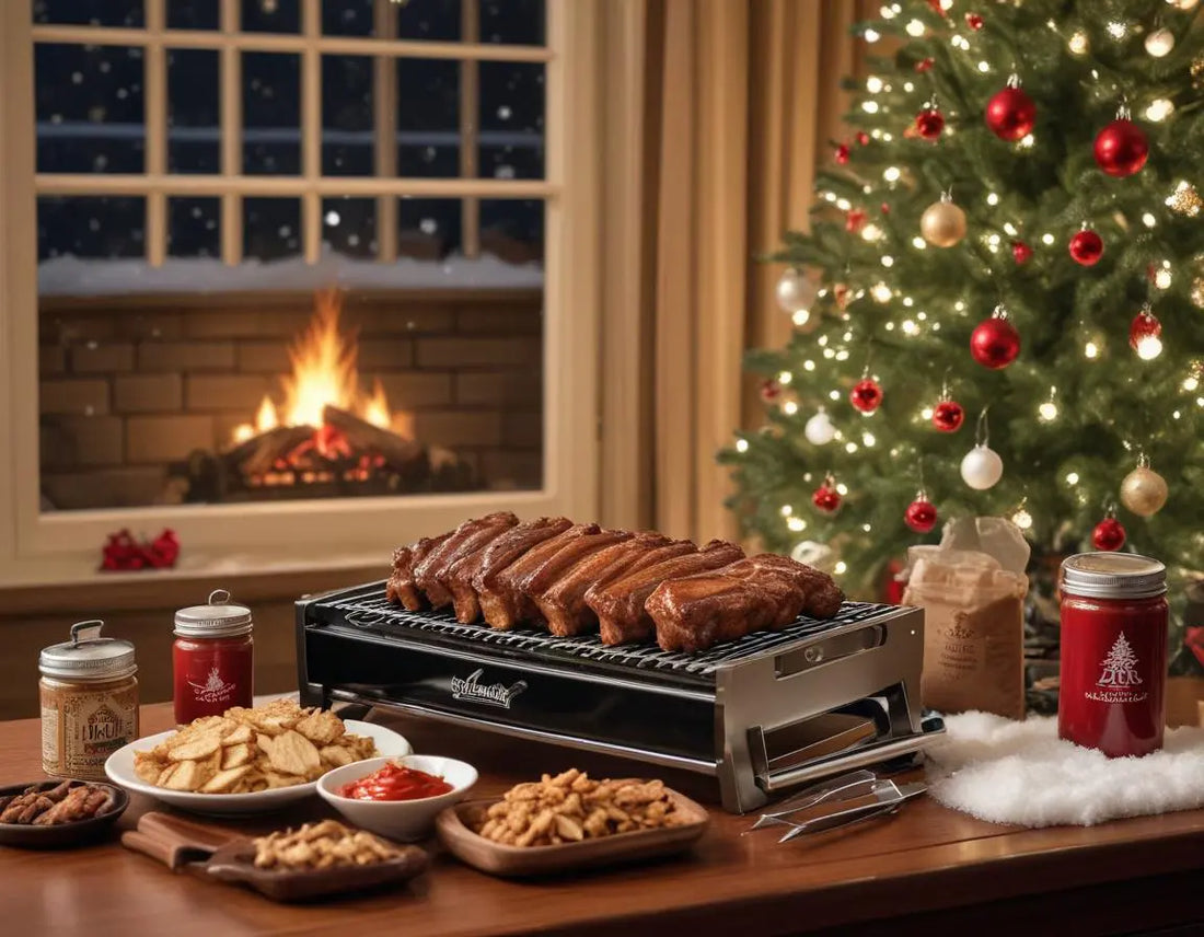 Festive holiday display of premium BBQ gifts under $100 including a stainless steel tool set, digital thermometer, grilling gloves, wood chips, and sauce gift sets arranged under a small Christmas tree, with warm lighting and a snowy window background