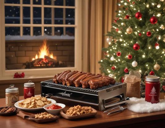Festive holiday display of premium BBQ gifts under $100 including a stainless steel tool set, digital thermometer, grilling gloves, wood chips, and sauce gift sets arranged under a small Christmas tree, with warm lighting and a snowy window background
