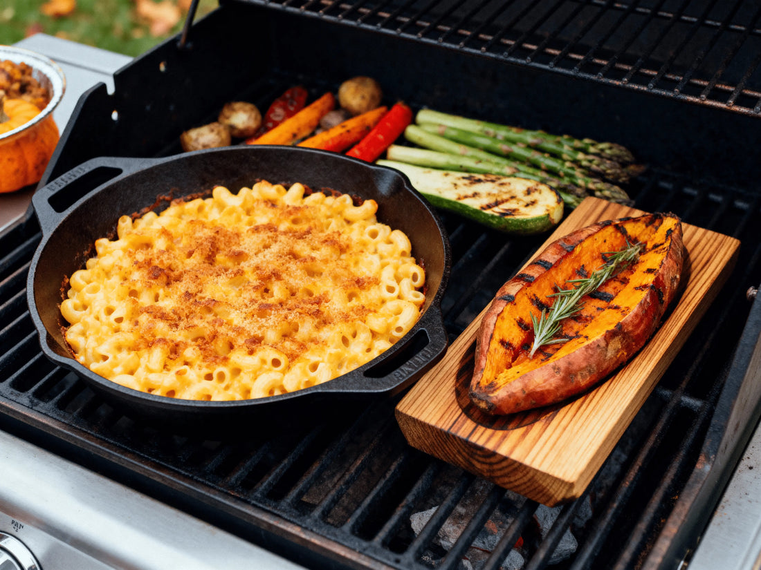 A beautifully arranged outdoor cooking scene with Thanksgiving side dishes being prepared on a premium grill, showing smoked mac and cheese in a cast iron skillet, grilled vegetables, and cedar plank sweet potatoes with warm autumn lighting