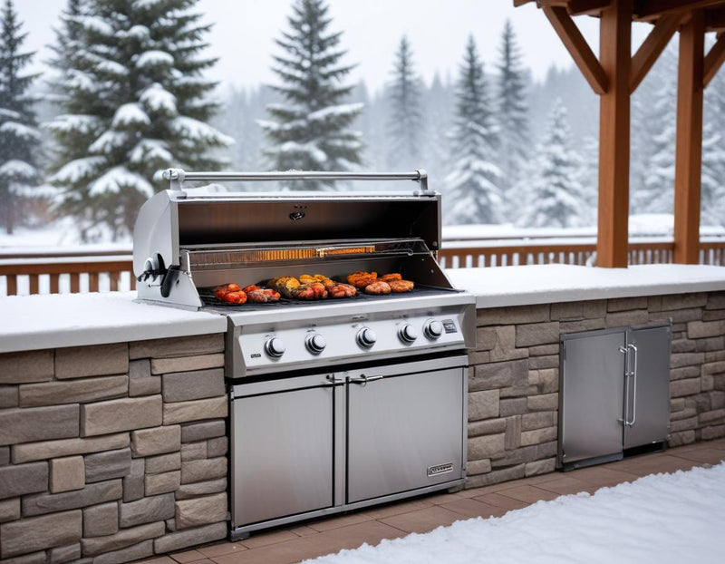 High-quality built-in stainless steel grill with a custom DIY snow cover featuring a pitched frame and waterproof material being installed in a modern outdoor kitchen setting with light snowfall in background