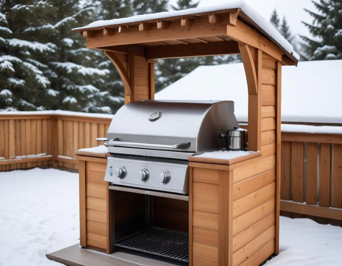 DIY wooden insulated grill enclosure with a sloped roof protecting a premium stainless steel grill during winter, with snow visible outside but a cozy, warm cooking environment inside, professional photography style