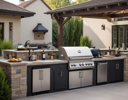 Premium outdoor kitchen display with multiple high-end stainless steel grills and equipment featuring Black Friday sale tags and discount banners, professional lighting, upscale backyard setting