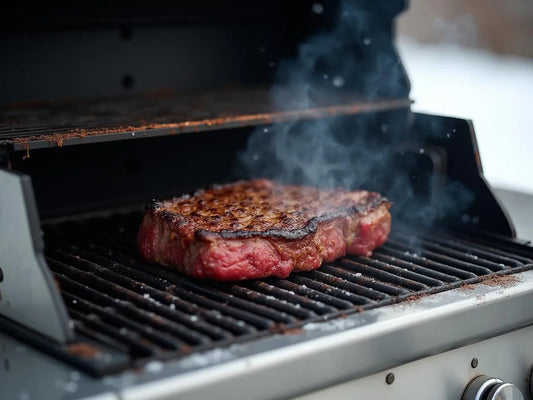 A premium stainless steel grill with open lid showing a thick ribeye steak being reverse seared, steam rising in cold winter air, light snow in background, professional food photography style