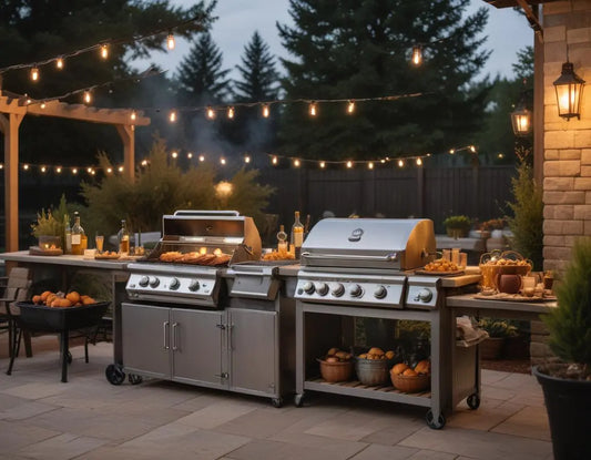 Elegant outdoor Thanksgiving cooking station with multiple heat sources including stainless steel gas grill, smoker, and side burners, organized cooking zones, food warming area, and proper lighting for evening cooking