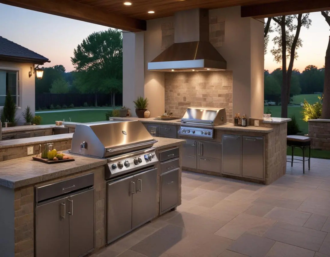 Luxury outdoor kitchen with stainless steel built-in grill, refrigerator and countertops at dusk with tax documents and calculator on counter, professional photography lighting