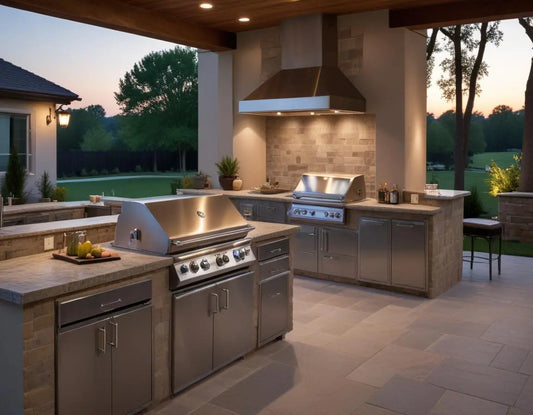 Luxury outdoor kitchen with stainless steel built-in grill, refrigerator and countertops at dusk with tax documents and calculator on counter, professional photography lighting