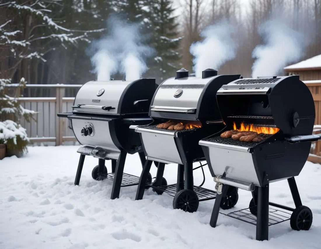 Professional side-by-side comparison of three premium pellet grills operating in a snowy backyard setting, with visible steam coming from cooking chambers, temperature displays visible, against winter backdrop