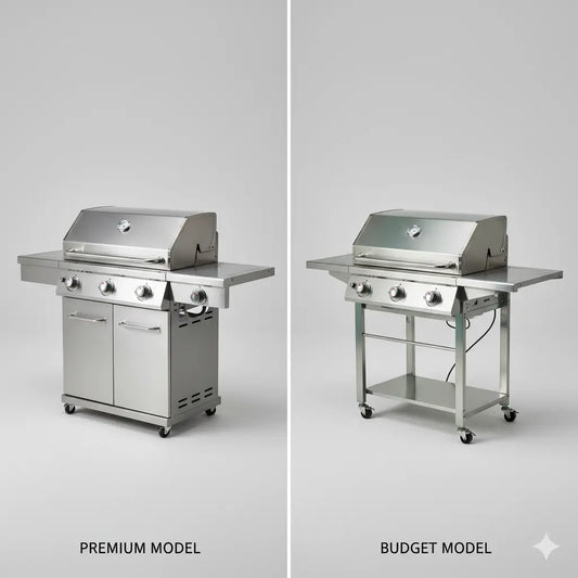 Side-by-side comparison of premium stainless steel gas grill with thick gauge construction next to a budget gas grill model, highlighting visible differences in materials and craftsmanship, professional photography with neutral background