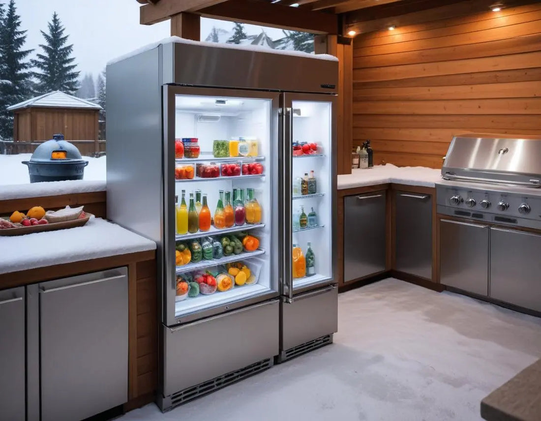 Premium stainless steel outdoor refrigerator installed in a snow-dusted BBQ island with temperature display showing cold-weather operation, professional lighting, high-end outdoor kitchen setting