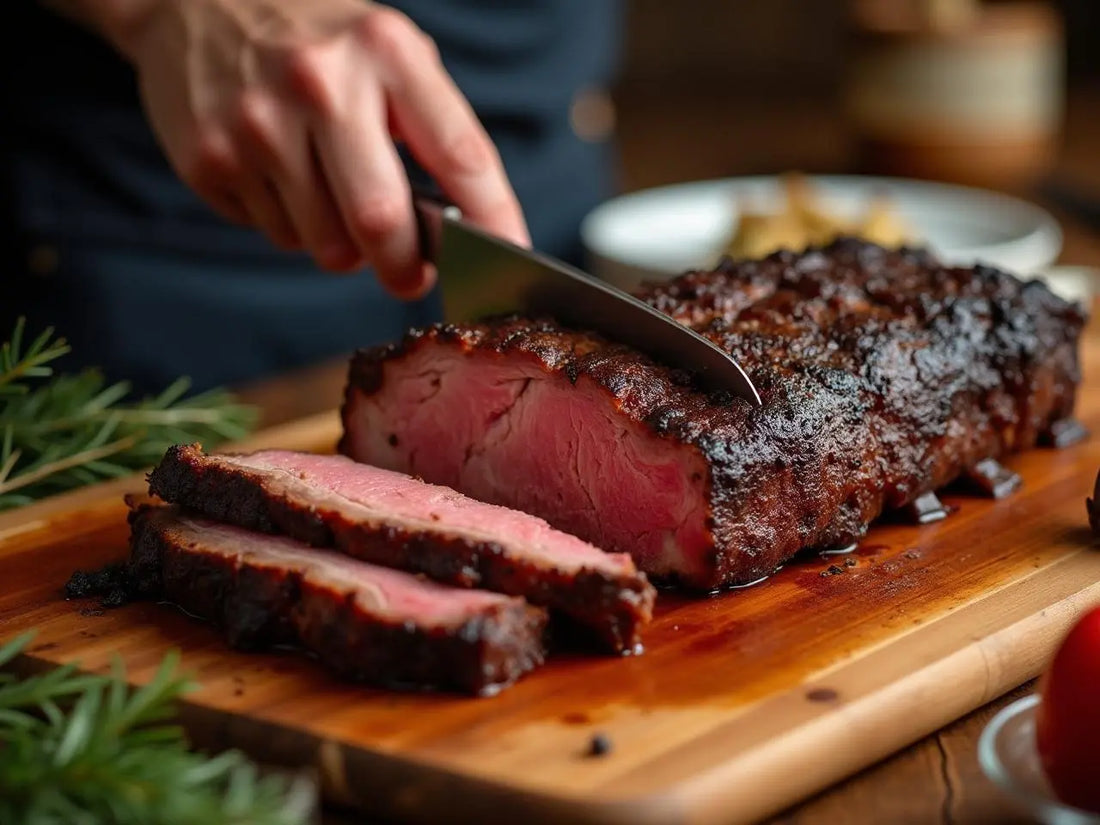 Perfectly smoked beef short ribs with dark bark being sliced on a wooden cutting board, holiday table setting visible in background, professional food photography with warm lighting