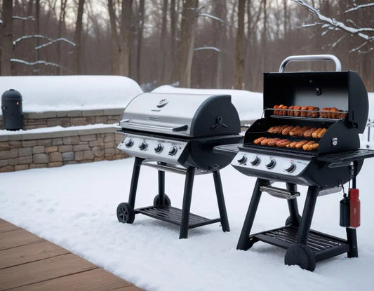 Side-by-side comparison of a premium gas grill and pellet grill in a snowy backyard setting with visible heat waves, thermometers showing temperatures, and fuel gauges, professional lighting, frost-covered surroundings