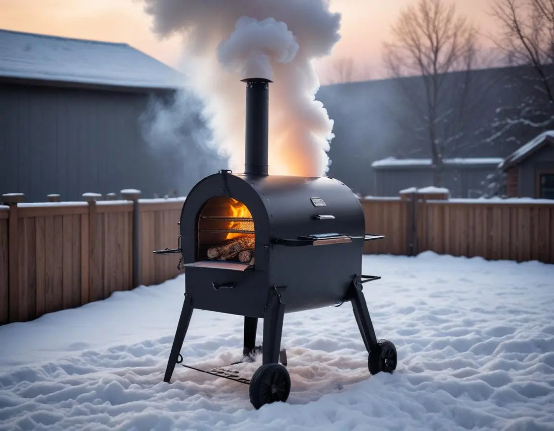 Insulated smoker with thermal blanket in snowy backyard setting, maintaining perfect temperature while smoking a brisket overnight, steam rising against dark winter sky, professional food photography lighting