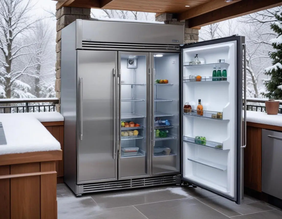 Premium stainless steel outdoor refrigerator installed in a snow-dusted luxury outdoor kitchen with visible frost protection features, professional photography style