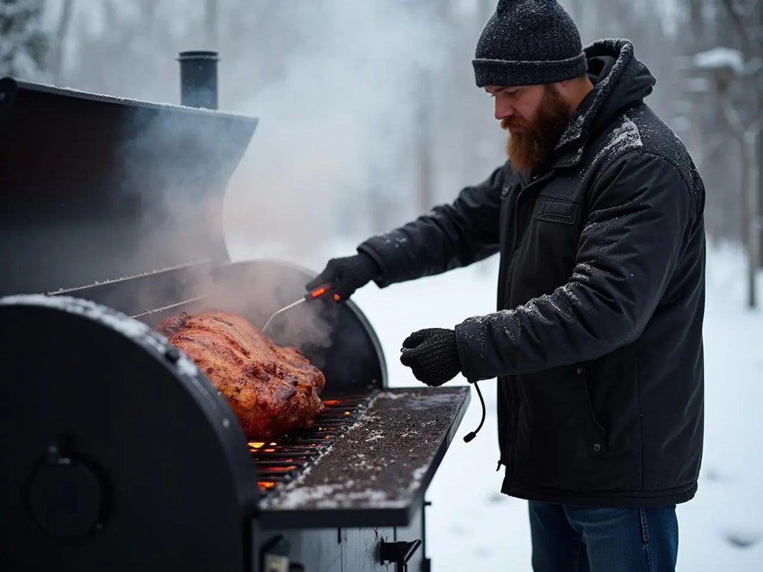 A pitmaster tending to a premium smoker in snowy conditions with smoke billowing, checking a large brisket with a digital thermometer, warm light contrasting against the winter scene