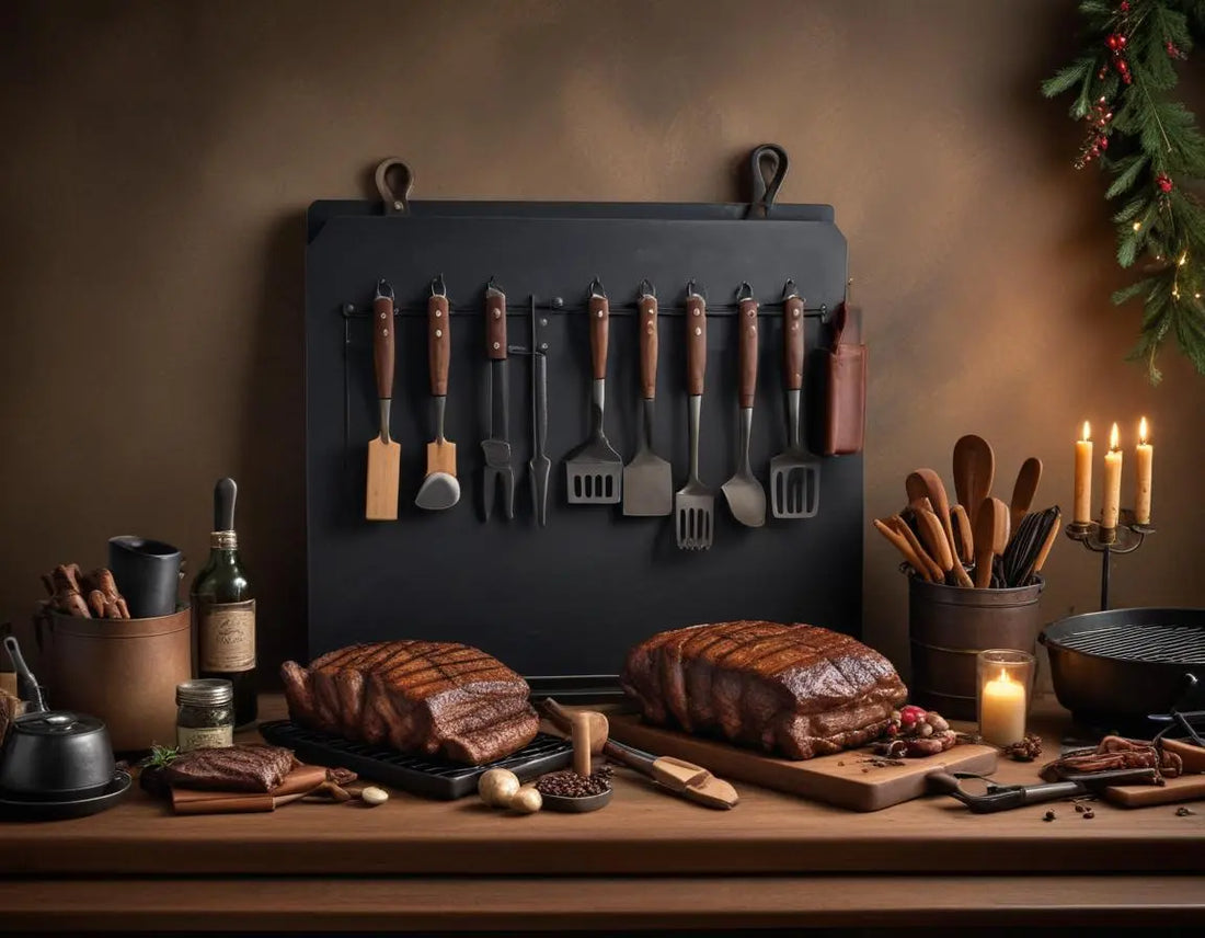 A beautifully arranged holiday gift display featuring premium BBQ tools, wireless thermometer, cast iron cookware, leather apron, and gift-wrapped grilling accessories with a festive but masculine aesthetic, professional lighting