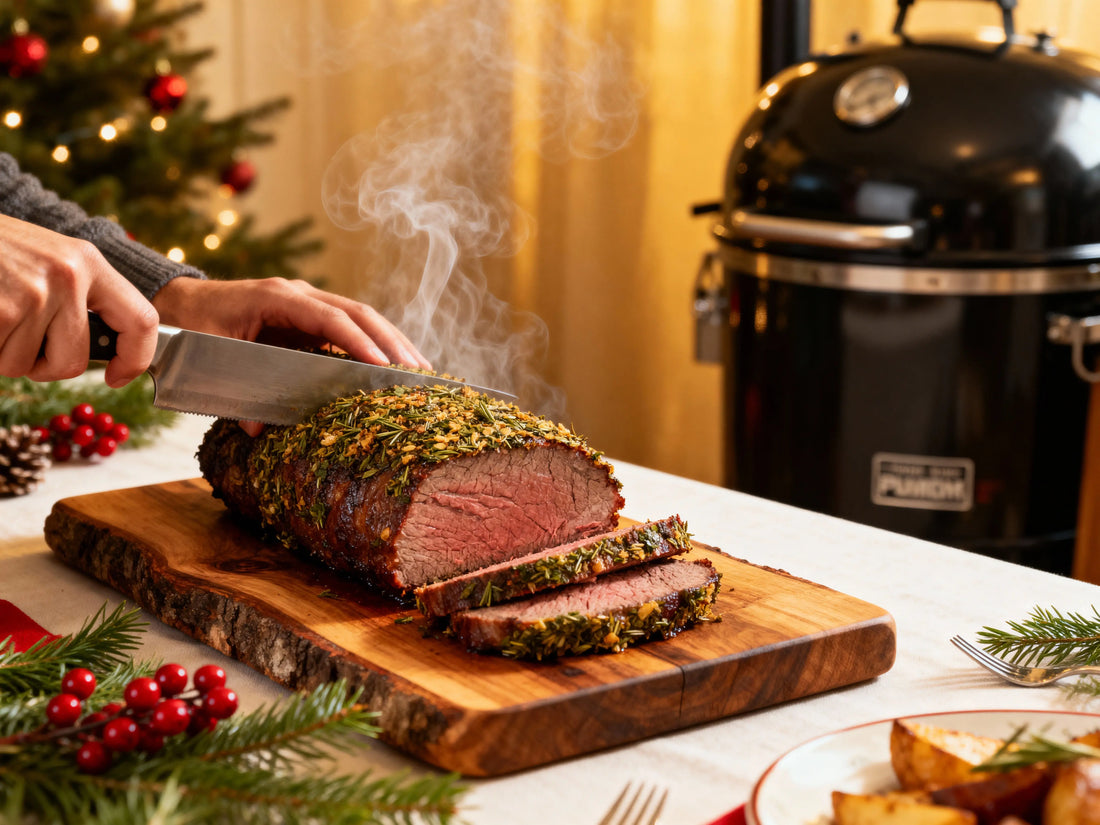 Perfectly smoked beef tenderloin with herb crust being sliced on wooden board, Christmas table setting visible, smoke wisps rising, elegant holiday presentation with festive decorations and premium smoker in background