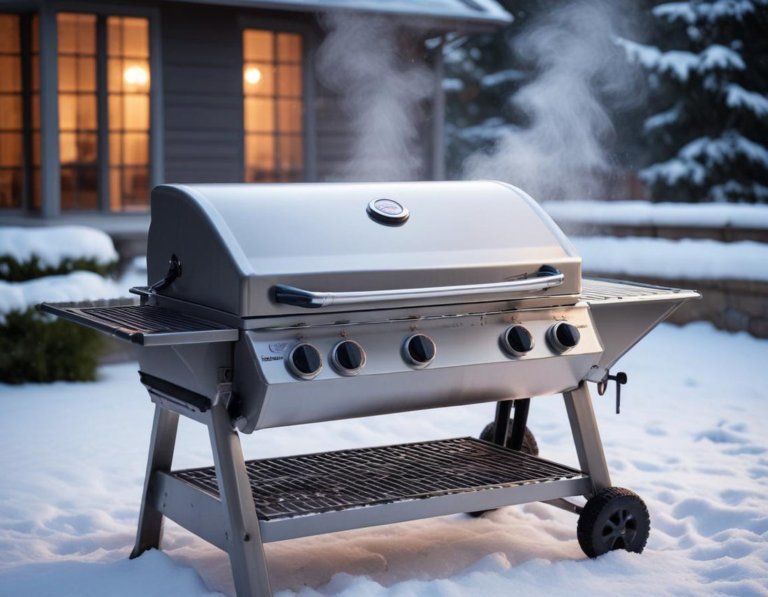 A premium stainless steel grill with visible steam rising from under a partially open lid in a snowy backyard setting, with grilling tools nearby and soft evening lighting