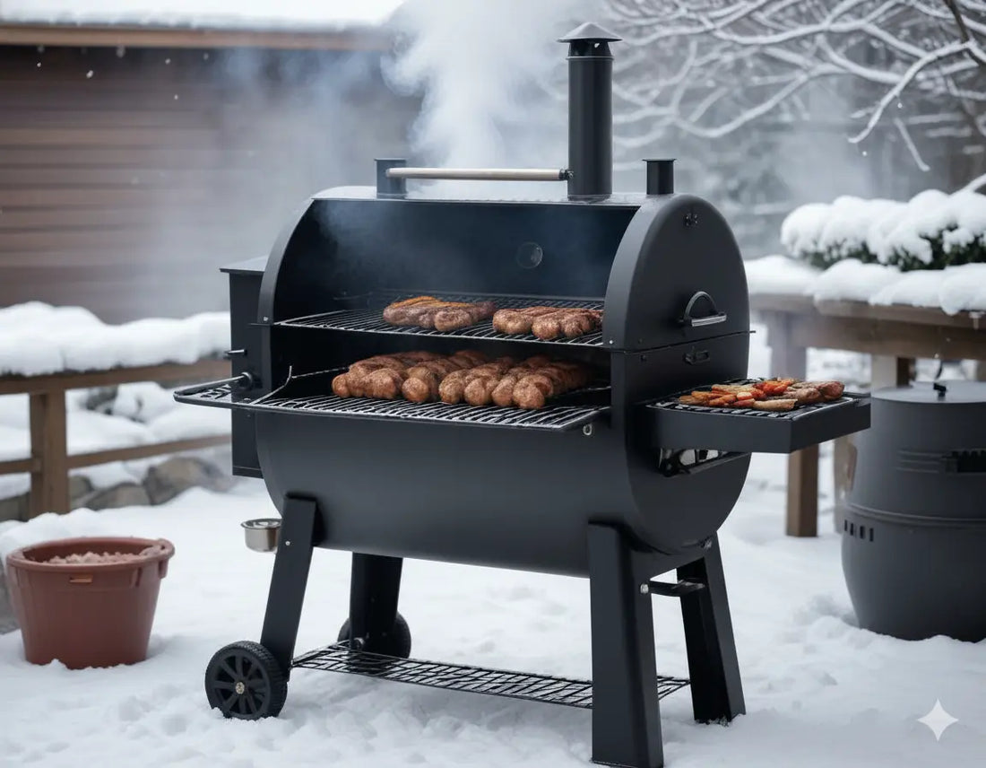 A premium pellet grill with visible double-wall construction operating in a snowy backyard setting, steam rising from the cooking chamber, with meat visible through a partially open lid