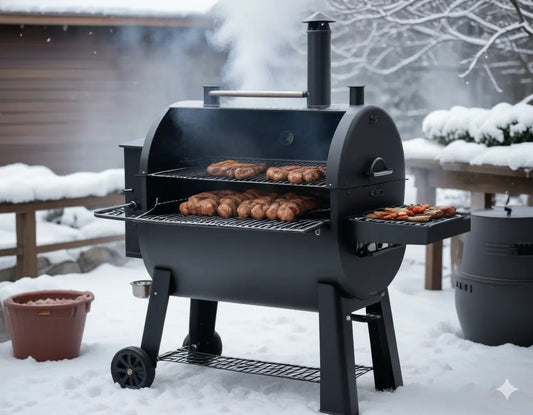 A premium pellet grill with visible double-wall construction operating in a snowy backyard setting, steam rising from the cooking chamber, with meat visible through a partially open lid