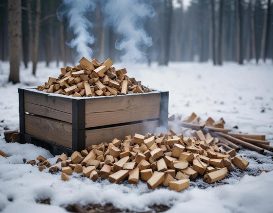 Various smoking wood chunks and chips arranged beside a premium smoker with visible smoke in cold winter setting, frost on the ground, professional photography with steam visible in cold air