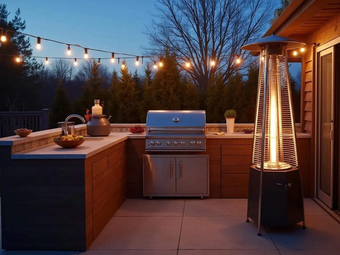 A stylish outdoor kitchen setup with a stainless steel grill and a modern pyramid-style patio heater providing warmth to a small group enjoying a winter BBQ party at dusk, with string lights overhead
