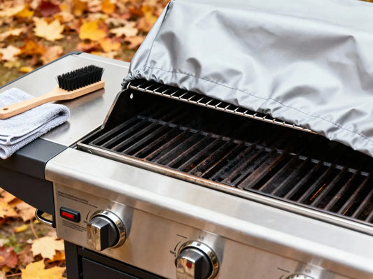 Professional photographer capturing a clean premium stainless steel grill being prepared for winter storage with cleaning supplies nearby, grill cover partially draped, and fall leaves in background