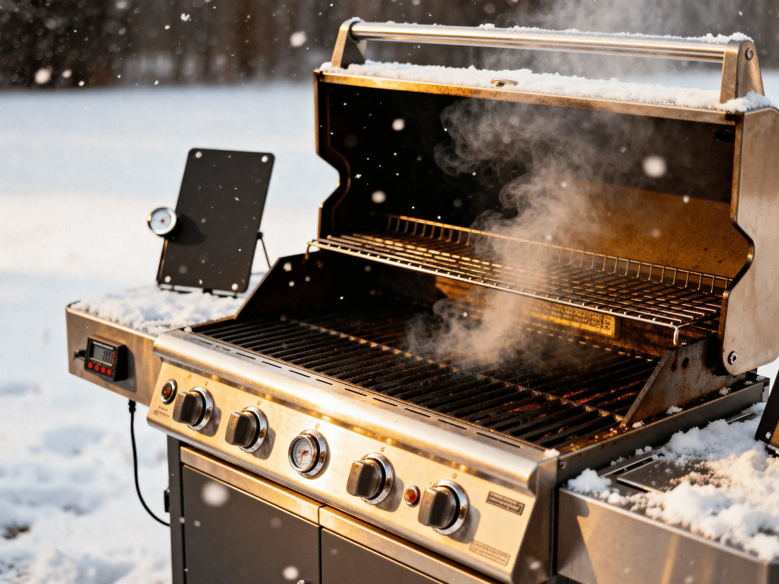 A premium stainless steel grill with visible steam rising from under a partially open lid, surrounded by light snow, with a digital thermometer visible and windbreak panels positioned nearby, professional photography style