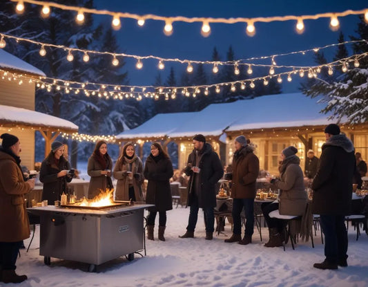 Elegant evening outdoor winter BBQ party with glowing string lights, propane heaters, people gathered around a premium stainless steel grill, cozy blankets on seating, hot drink station, snow-dusted landscape