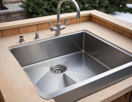 Close-up of a premium stainless steel outdoor kitchen sink with pipe insulation and heat tape being installed for winter protection, professional photography style