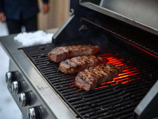 Premium stainless steel infrared grill with visible ceramic heating element and perfectly seared steaks cooking on the surface, with snow visible in background, professional lighting, showing the winter grilling capabilities