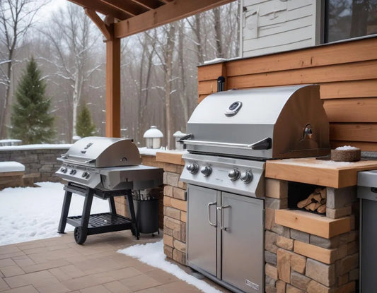 Side-by-side comparison of premium stainless steel gas grill and wood pellet grill in a modern outdoor kitchen setting, winter season, light snow visible, professional product photography