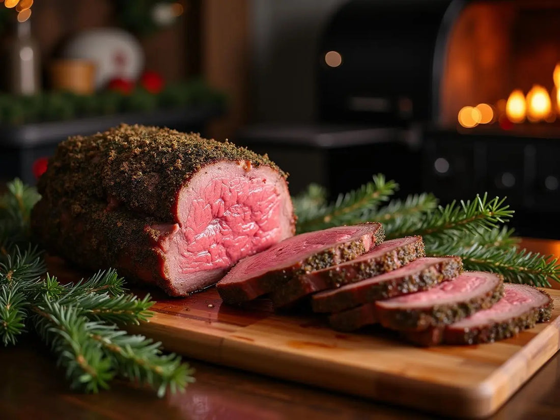 Perfectly smoked prime rib roast with herb crust being carved on a wooden board next to a premium pellet grill decorated with subtle Christmas greenery, warm lighting, professional food photography