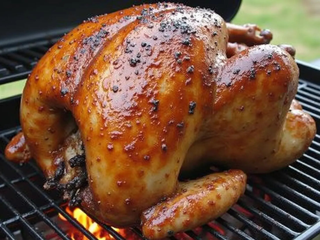 Safe outdoor turkey frying setup with propane turkey fryer on level surface, safety equipment nearby, and person in protective gear carefully lowering turkey into oil, autumn setting, professional photography