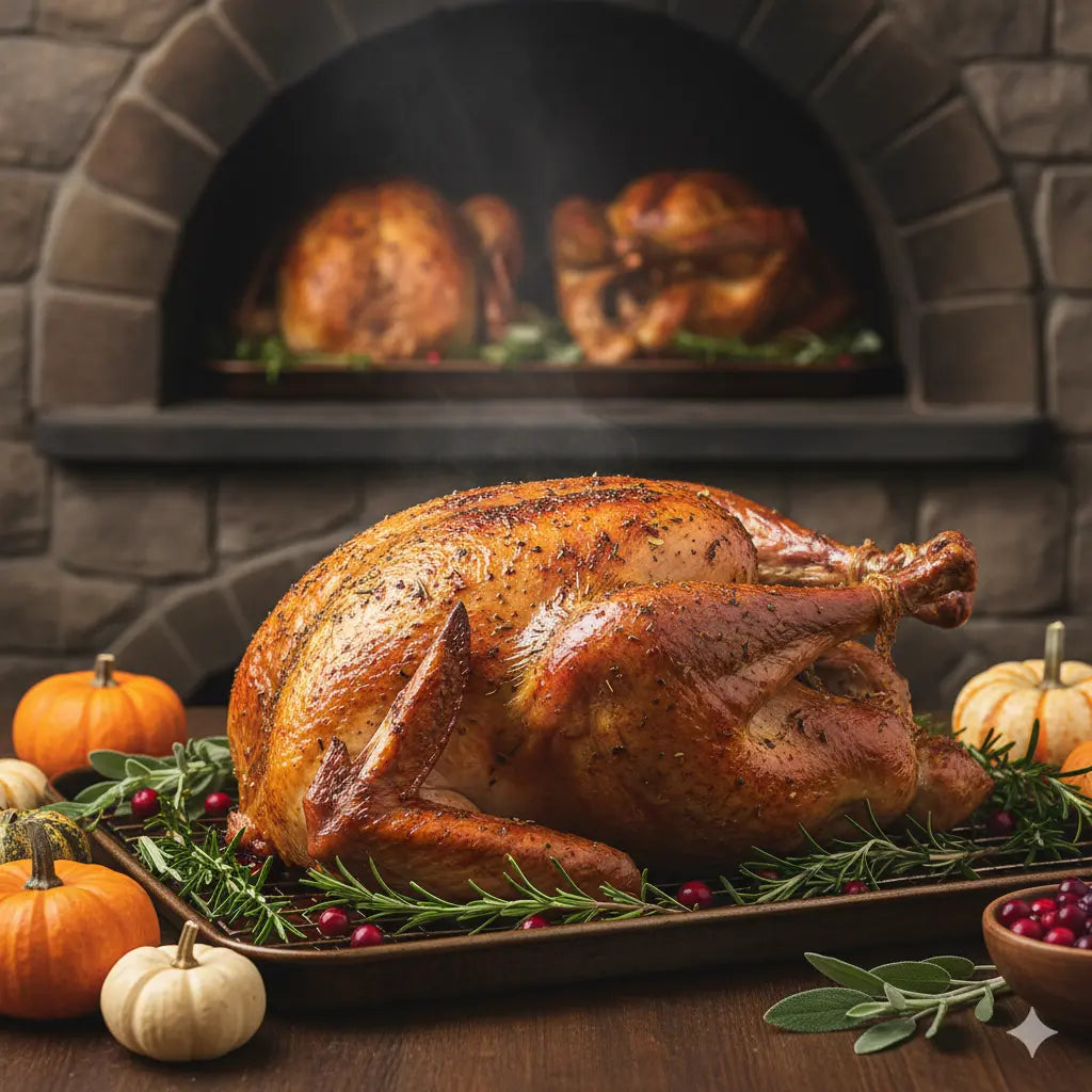 Side-by-side comparison of a golden roasted turkey in an oven and a smoked turkey with visible smoke ring being removed from a premium pellet smoker, Thanksgiving setting with autumn decorations, professional food photography lighting
