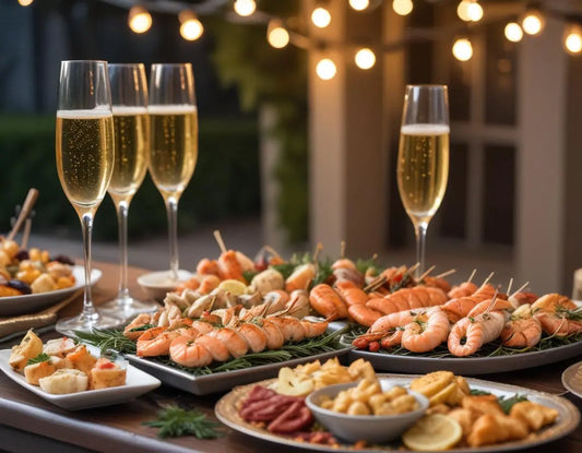 Elegant New Year's Eve outdoor celebration with gourmet BBQ appetizers, smoked seafood platter, champagne glasses, and a premium stainless steel grill in background with festive lighting