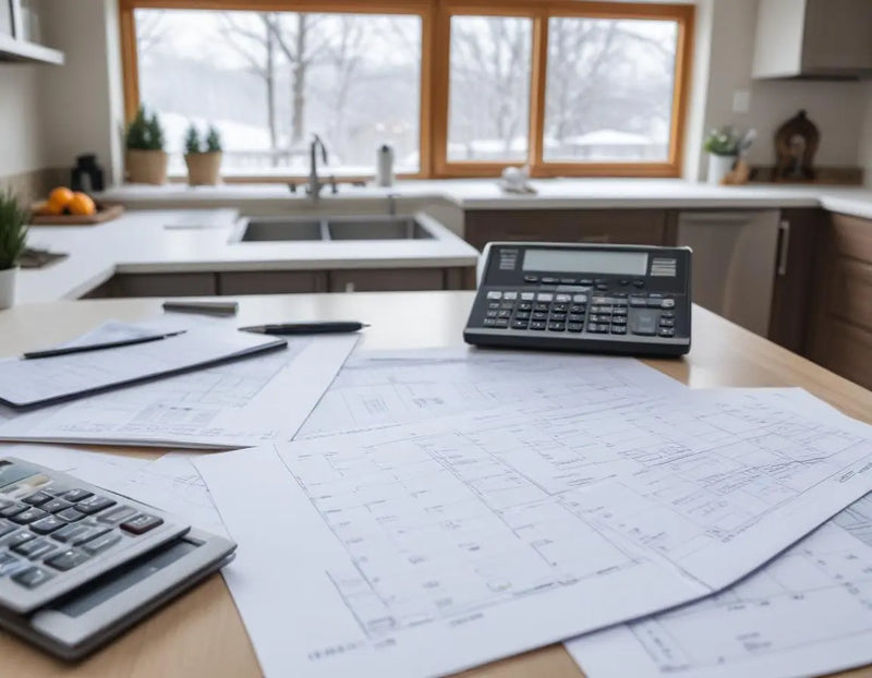 Modern outdoor kitchen design plans and blueprints spread on a table with material samples, a calculator, and a calendar showing January, with snow visible through a window in the background