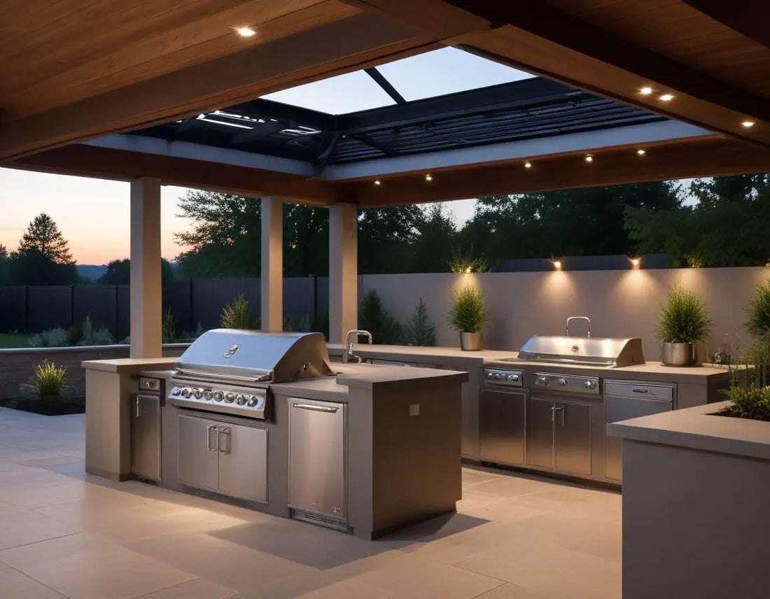 Modern outdoor kitchen with built-in stainless steel grill under a permanent pavilion-style cover system with retractable side panels, soft evening lighting, showing protection from elements while maintaining ventilation