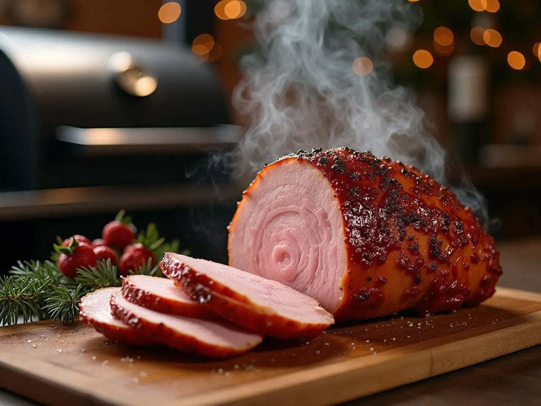 Beautifully glazed spiral cut ham with a mahogany smoke ring being sliced on a wooden cutting board next to a premium pellet grill with smoke wisping, decorated with holiday garnishes, professional food photography style