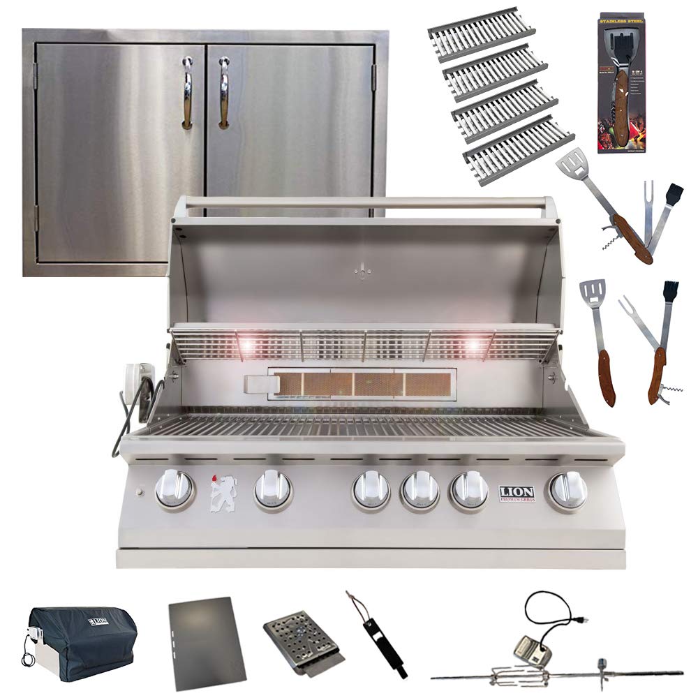 Lion Premium Grills 40 Inch L90000 Natural Gas Grill with 4 Ceramic Flame Tubes, 30 Inch Stainless Steel Double Access Door, and 5 in 1 BBQ Tool Set Lion Premium Grills