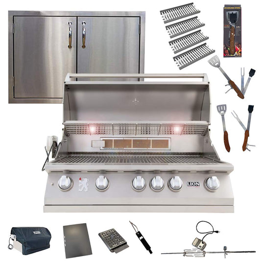 Lion Premium Grills 40 Inch L90000 Natural Gas Grill with 4 Ceramic Flame Tubes, 30 Inch Stainless Steel Double Access Door, and 5 in 1 BBQ Tool Set Lion Premium Grills