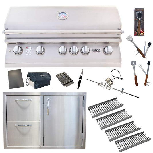 Lion Premium Grills 40 Inch L90000 Natural Gas Grill with 4 Ceramic Flame Tubes, Stainless Steel Door Drawer Combo, and 5 in 1 BBQ Tool Set Lion Premium Grills