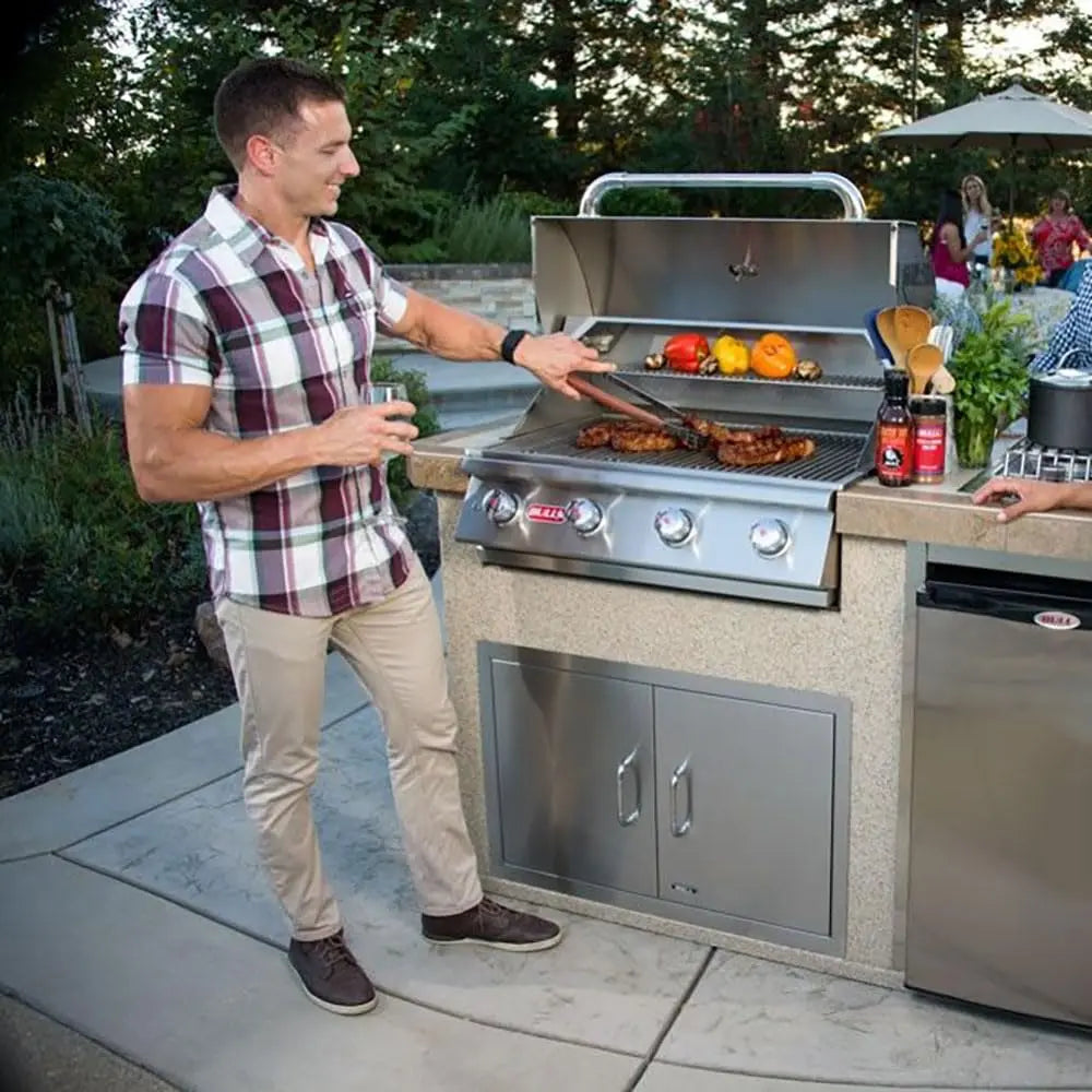 Bull Outlaw 30 Inch Natural Gas Grill Outdoor Kitchen Bundle with Side Burner, Double Door, and Refrigerator Bull Outdoor Products