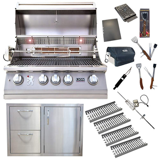 Lion Premium Grills 32 Inch L75000 Natural Gas Grill with 4 Ceramic Flame Tubes, Stainless Steel Door Drawer Combo, and 5 in 1 BBQ Tool Set Lion Premium Grills