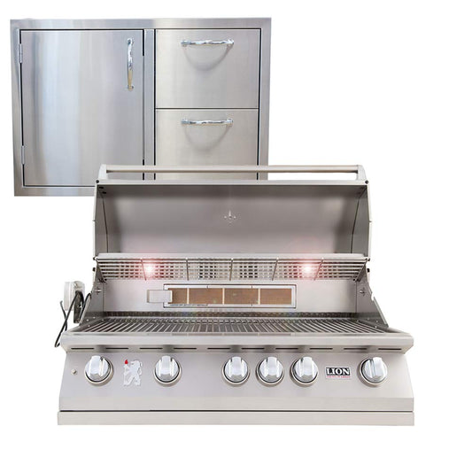 Lion Premium Grills 40 Inch L90000 Natural Gas Grill with Made in USA 32 Inch Left Hinged Door and Drawer Combo Package - Mathews BBQ Supply